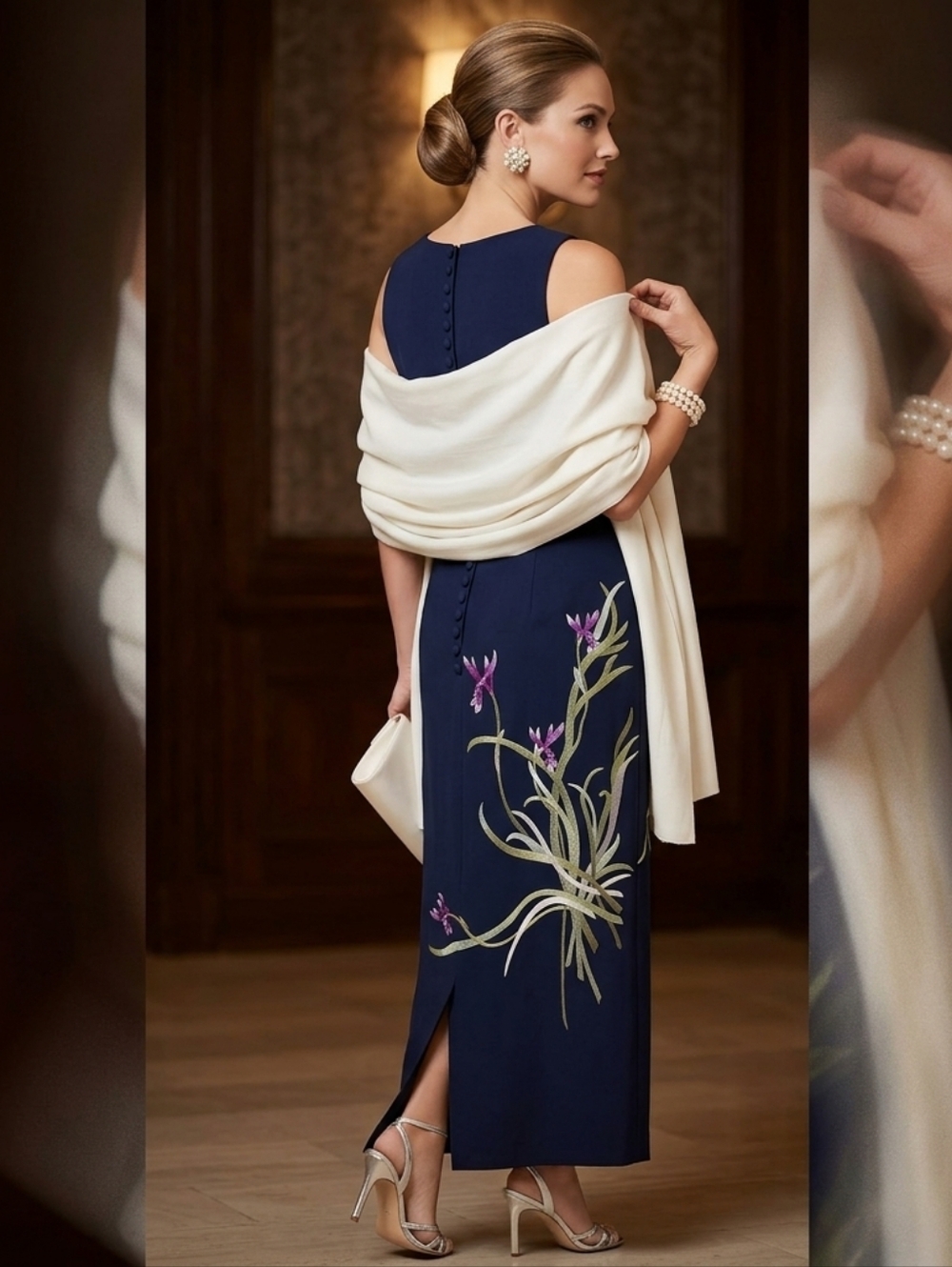 Donna Morgan Vintage Navy Blue Floral Embroidered Column Maxi Dress Size 6 - Picture 2 of 9